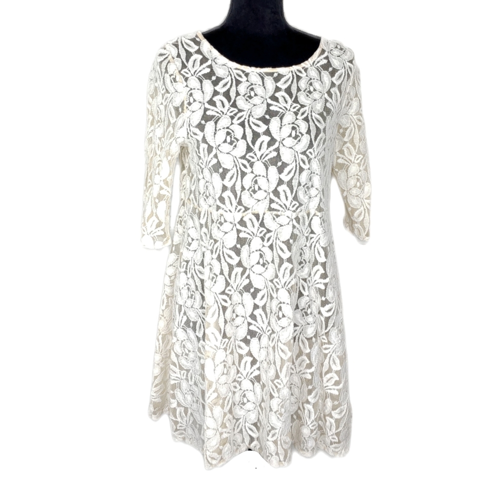 Free People EUC Wmn M Ivory Lace Overlay 3/4 Sleeves Skater Dress - Picture 2 of 6